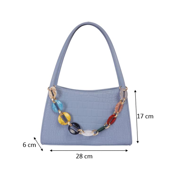 Croco textured shoulder Bag with multicolor Chain