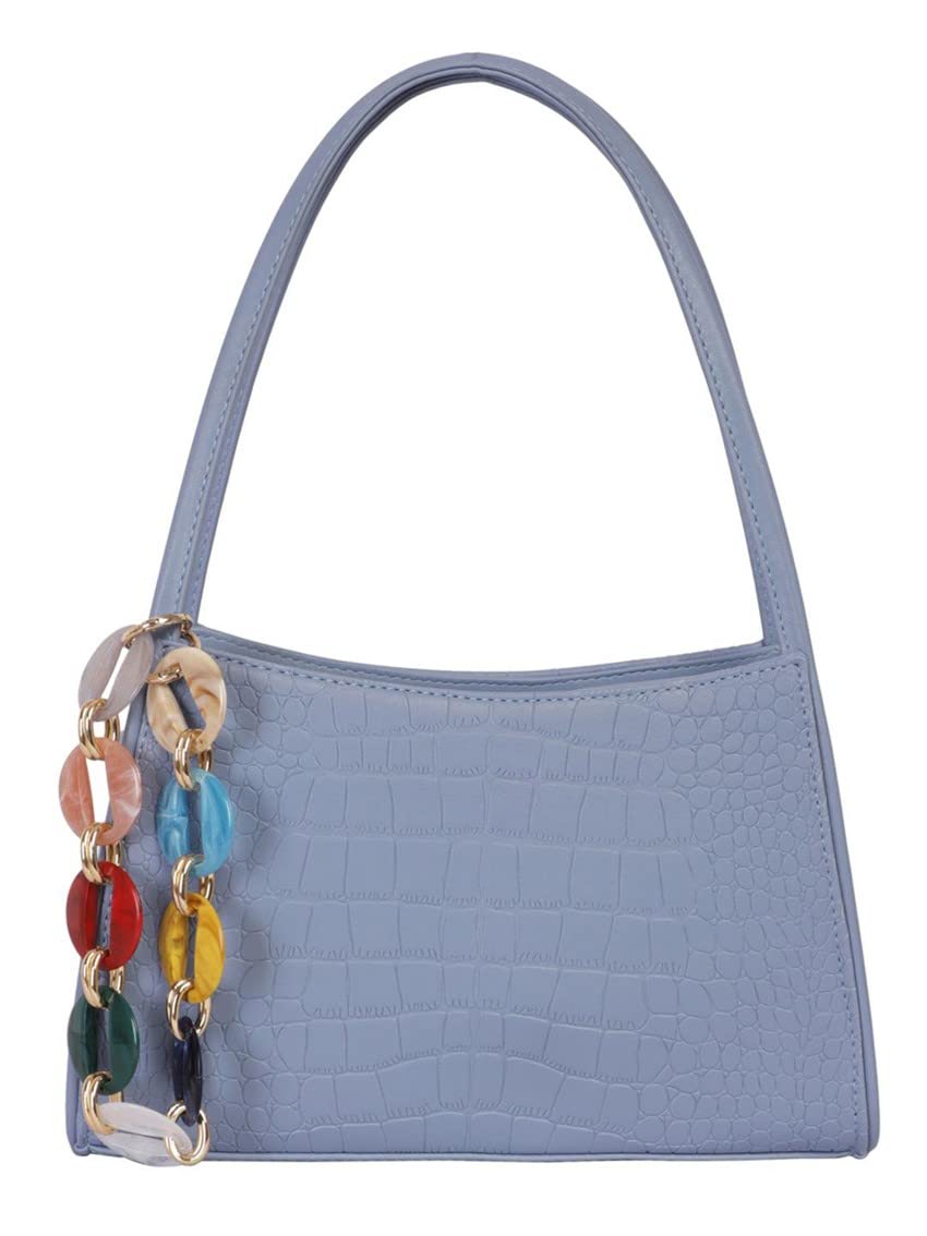 Croco textured shoulder Bag with multicolor Chain