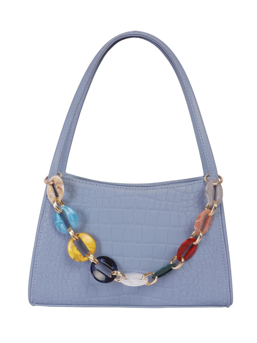 Croco textured shoulder Bag with multicolor Chain