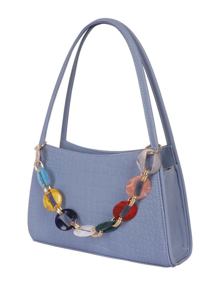 Croco textured shoulder Bag with multicolor Chain