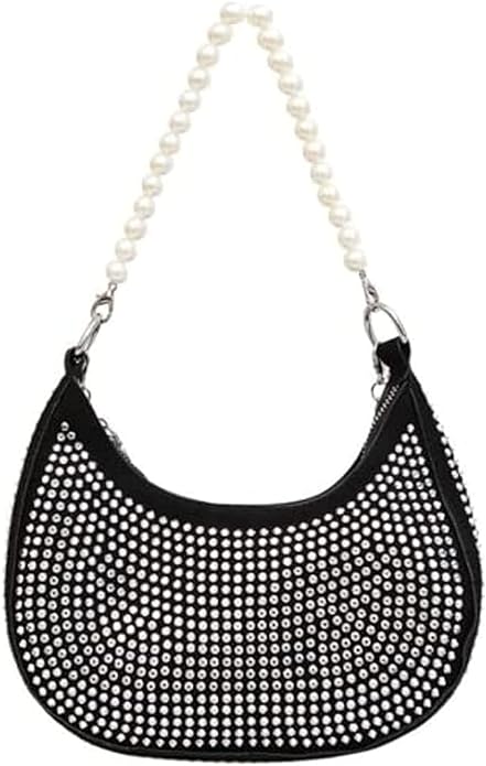 Black color rhinestone studded evening Bag with pearl beaded handle & chain strap