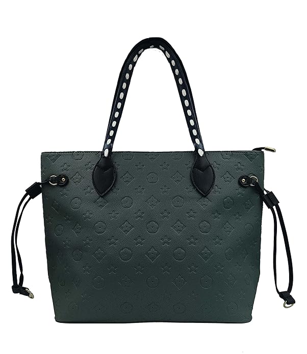 Textured tote bag with contrast black weave handles
