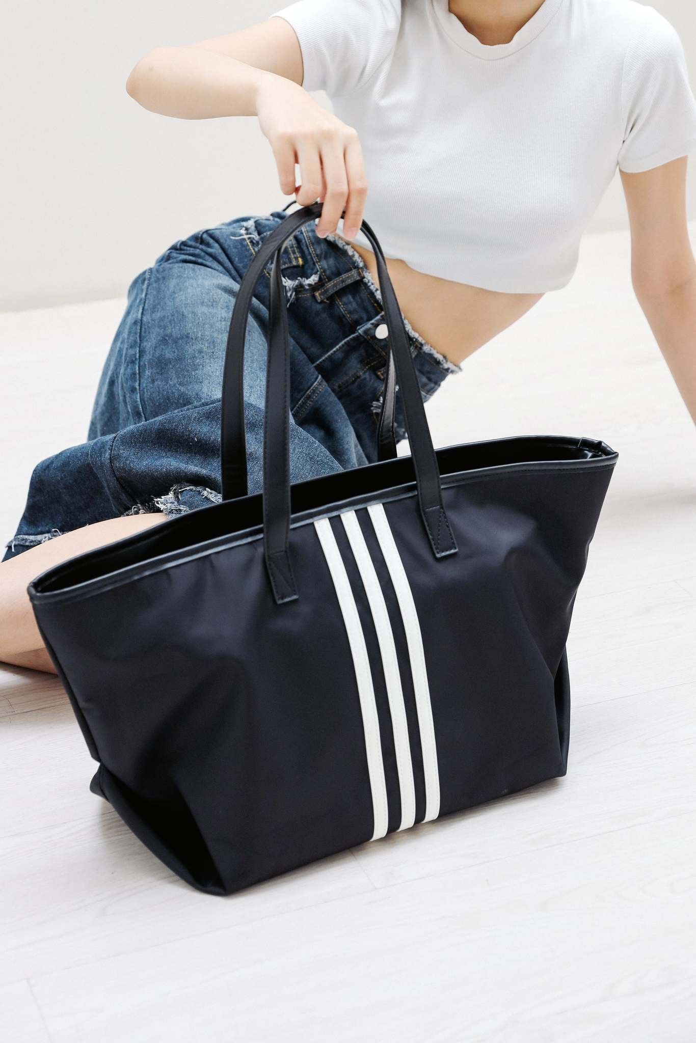 Sporty Black Tote Bag with White Stripes