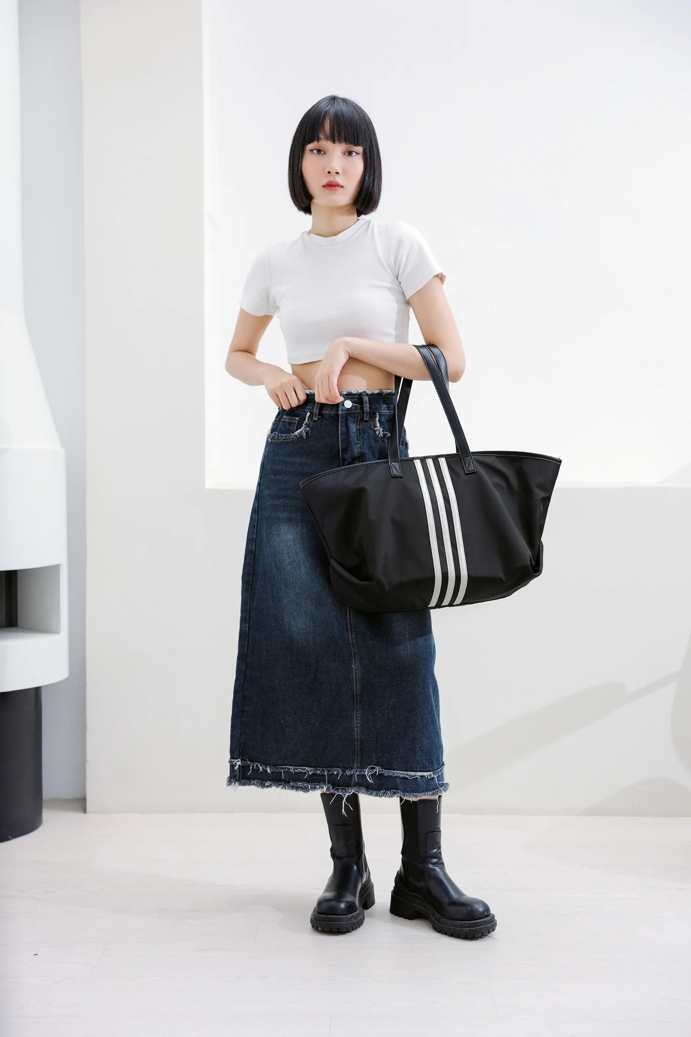 Sporty Black Tote Bag with White Stripes