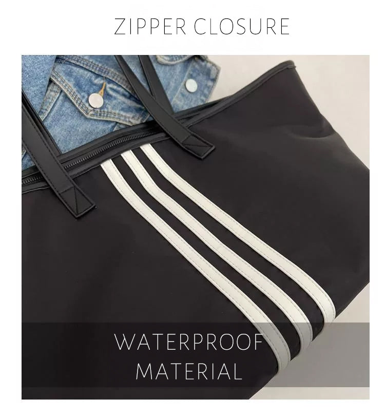 Sporty Black Tote Bag with White Stripes