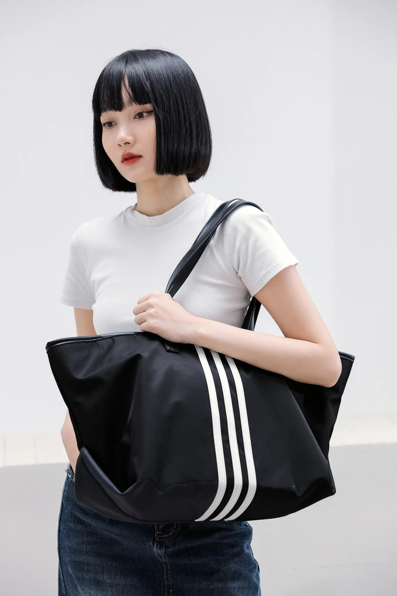Sporty Black Tote Bag with White Stripes
