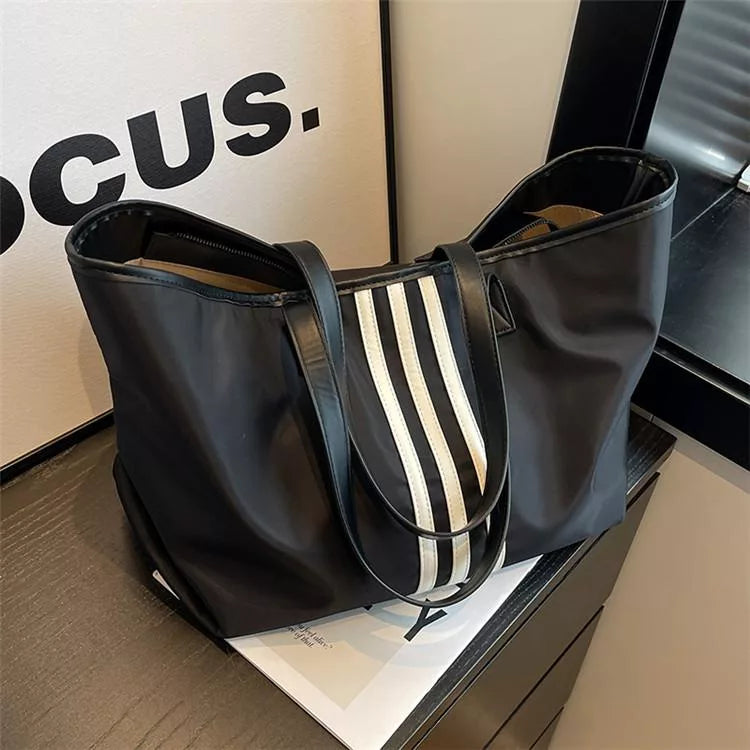 Sporty Black Tote Bag with White Stripes