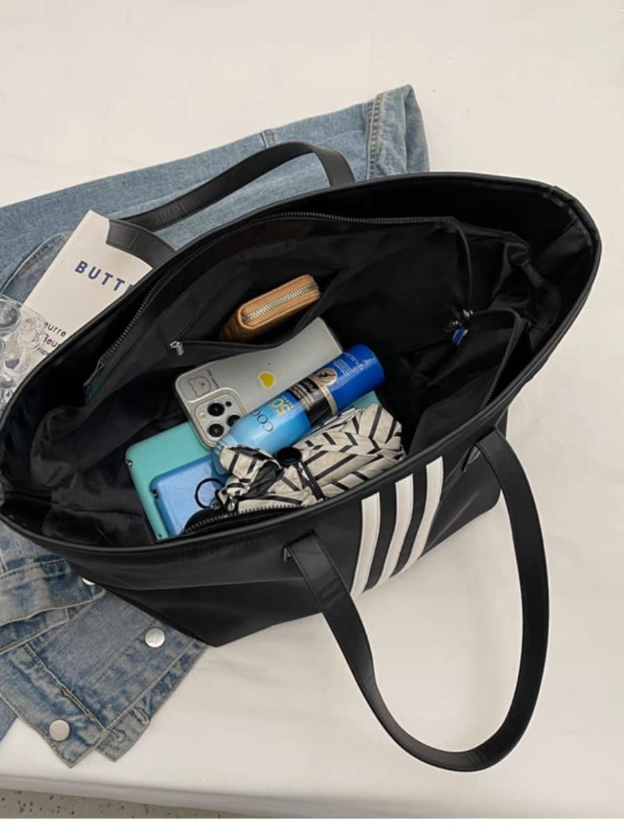 Sporty Black Tote Bag with White Stripes