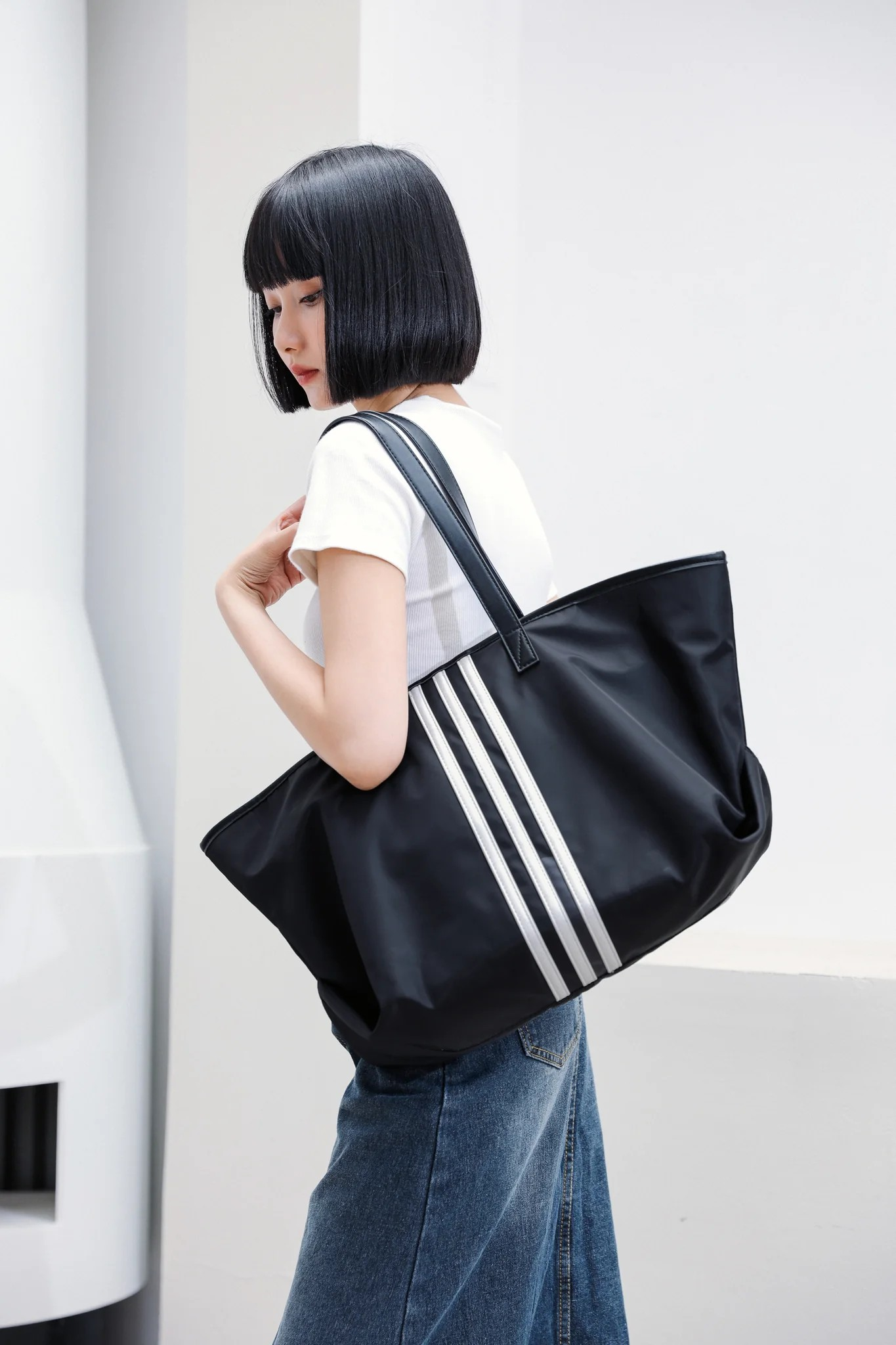 Sporty Black Tote Bag with White Stripes
