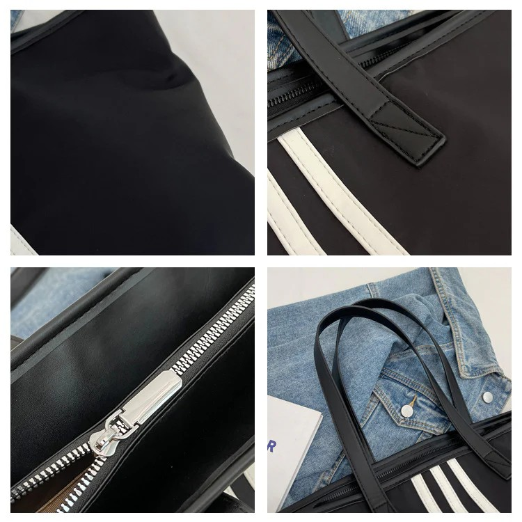 Sporty Black Tote Bag with White Stripes
