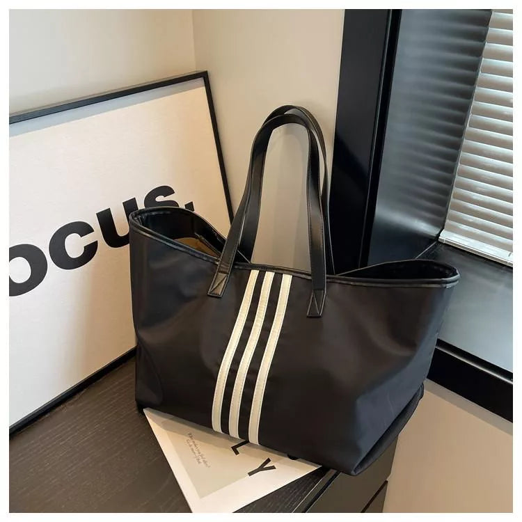 Sporty Black Tote Bag with White Stripes