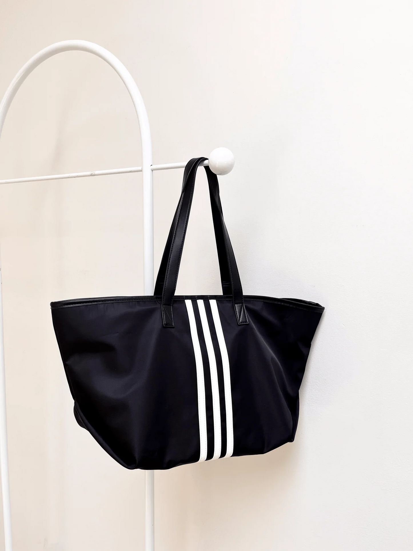 Sporty Black Tote Bag with White Stripes