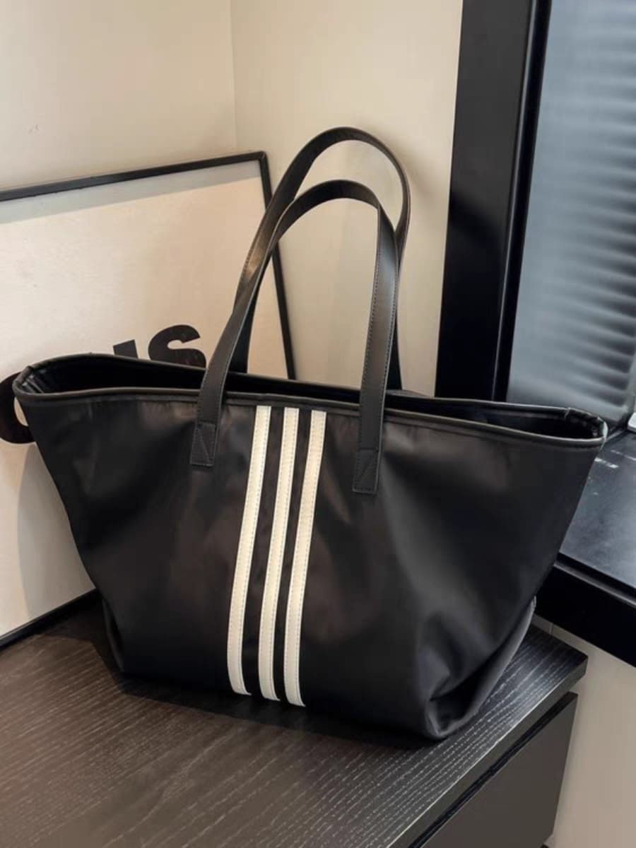 Sporty Black Tote Bag with White Stripes