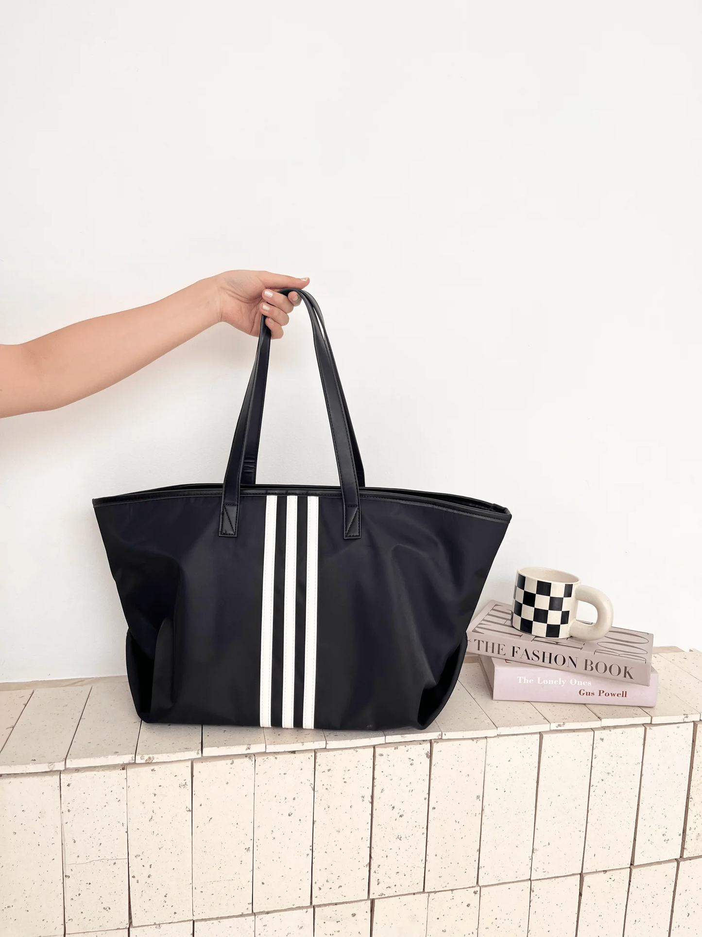 Sporty Black Tote Bag with White Stripes