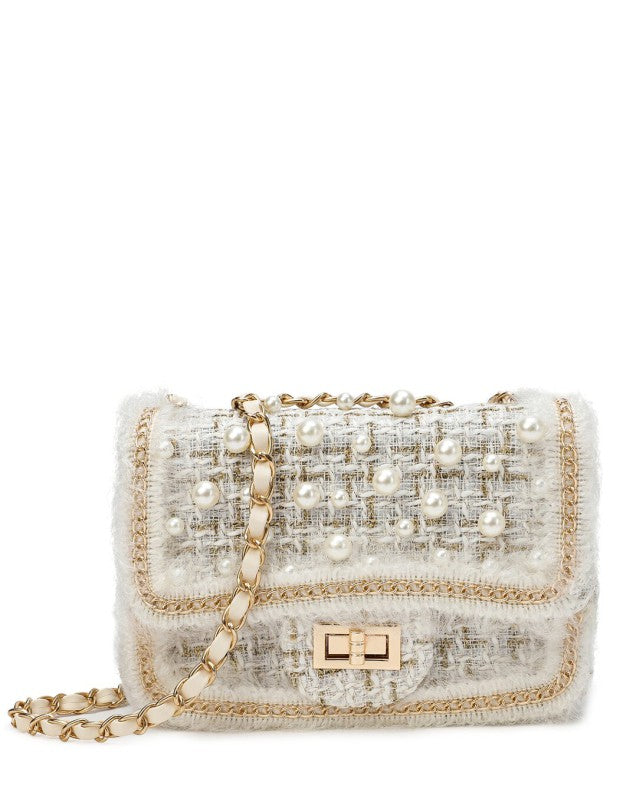 Knitted Fabric Sling with pearl beads & chain strap