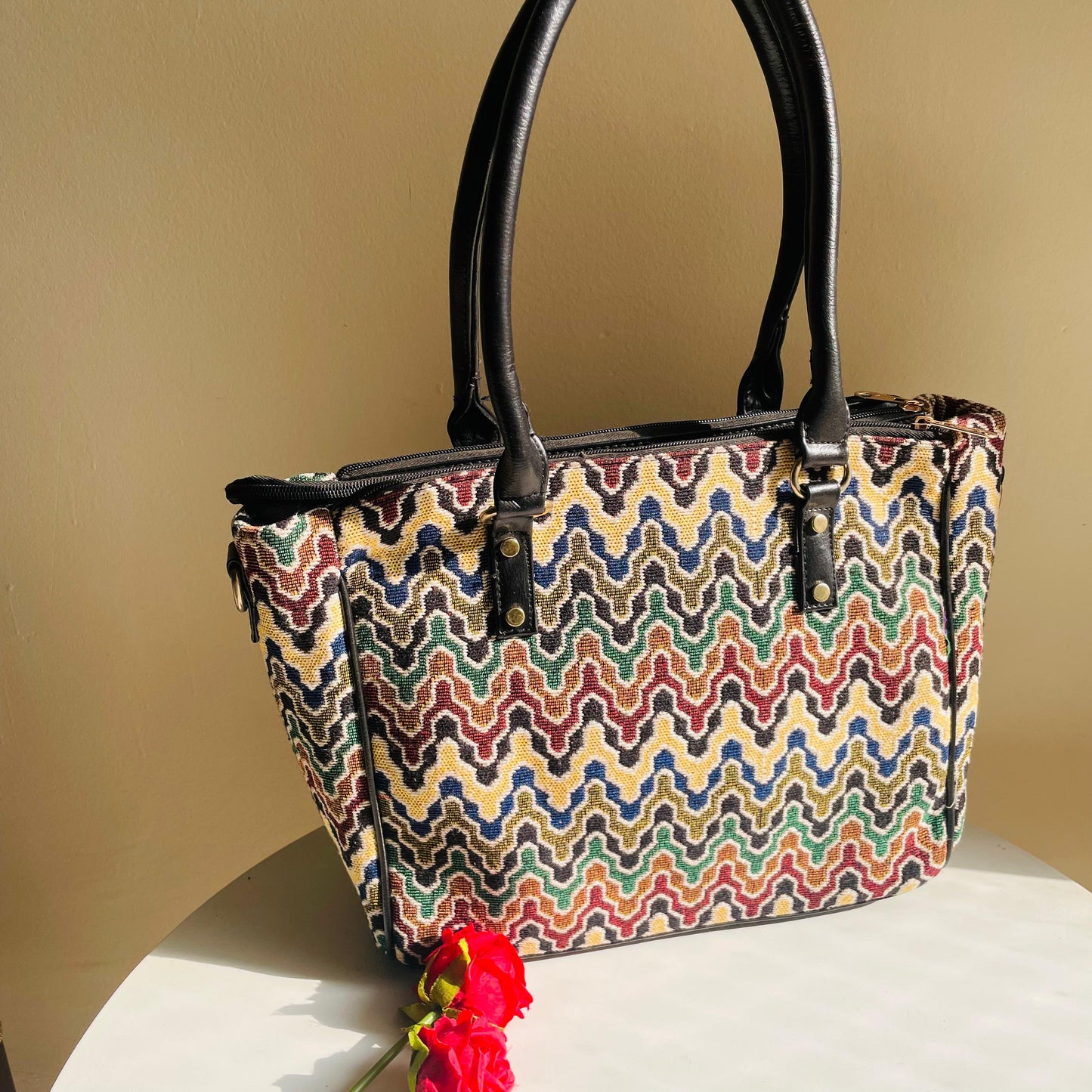 Classic Wave-Pattern Cotton Jacquard Tote Bag