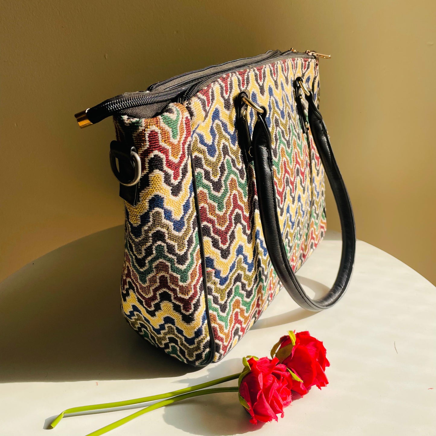 Classic Wave-Pattern Cotton Jacquard Tote Bag