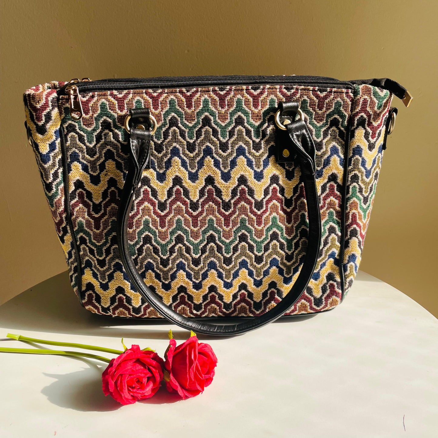 Classic Wave-Pattern Cotton Jacquard Tote Bag