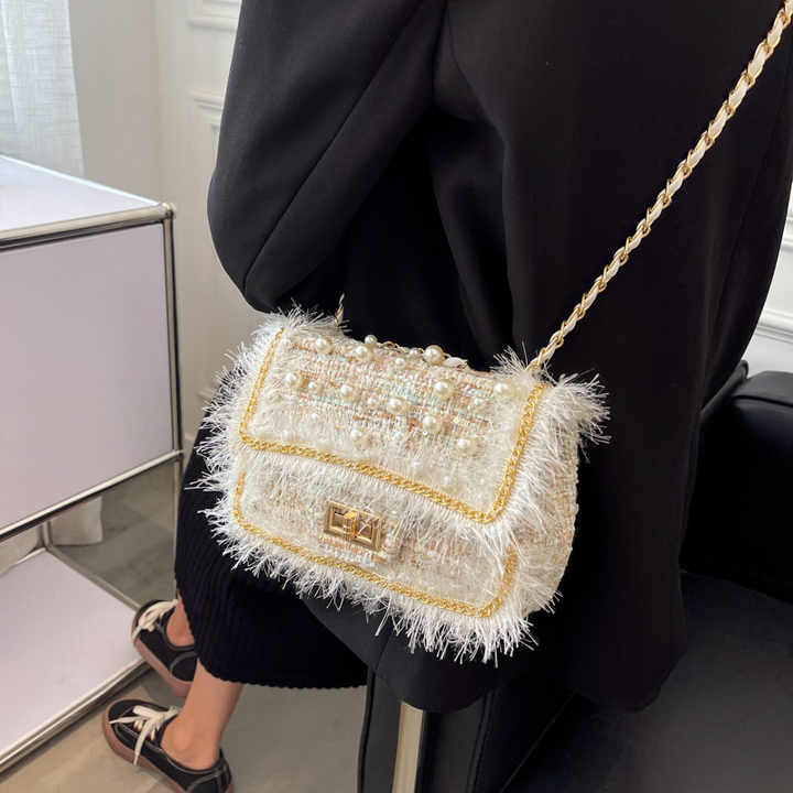 Knitted Fabric Sling with pearl beads & chain strap