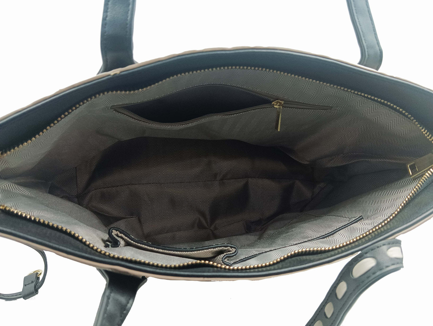 Textured tote bag with contrast black weave handles