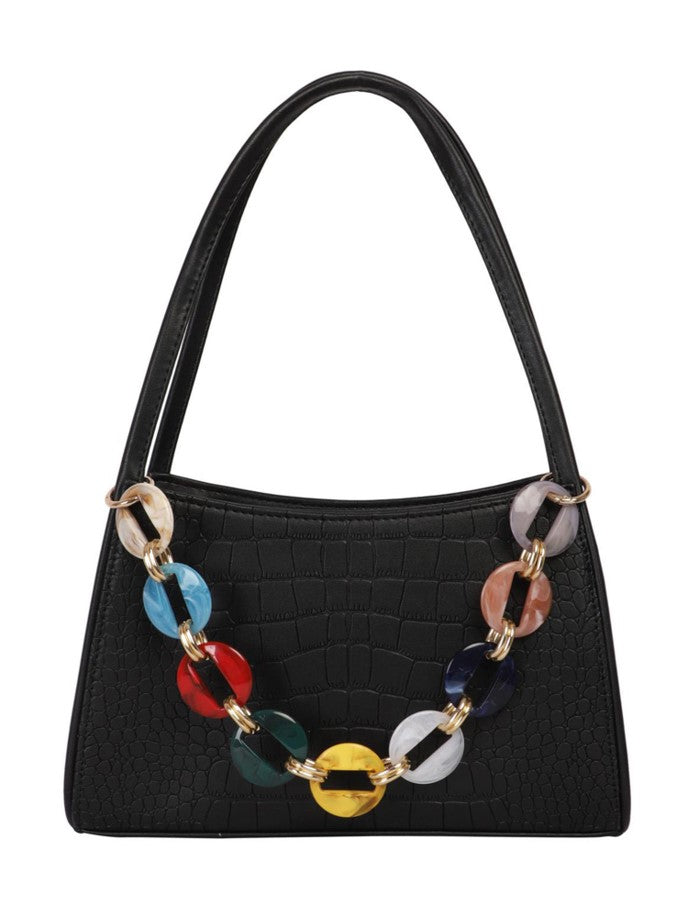 Croco textured shoulder Bag with multicolor Chain