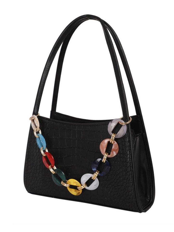 Croco textured shoulder Bag with multicolor Chain