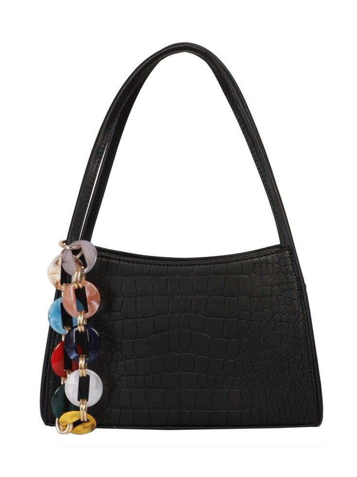Croco textured shoulder Bag with multicolor Chain