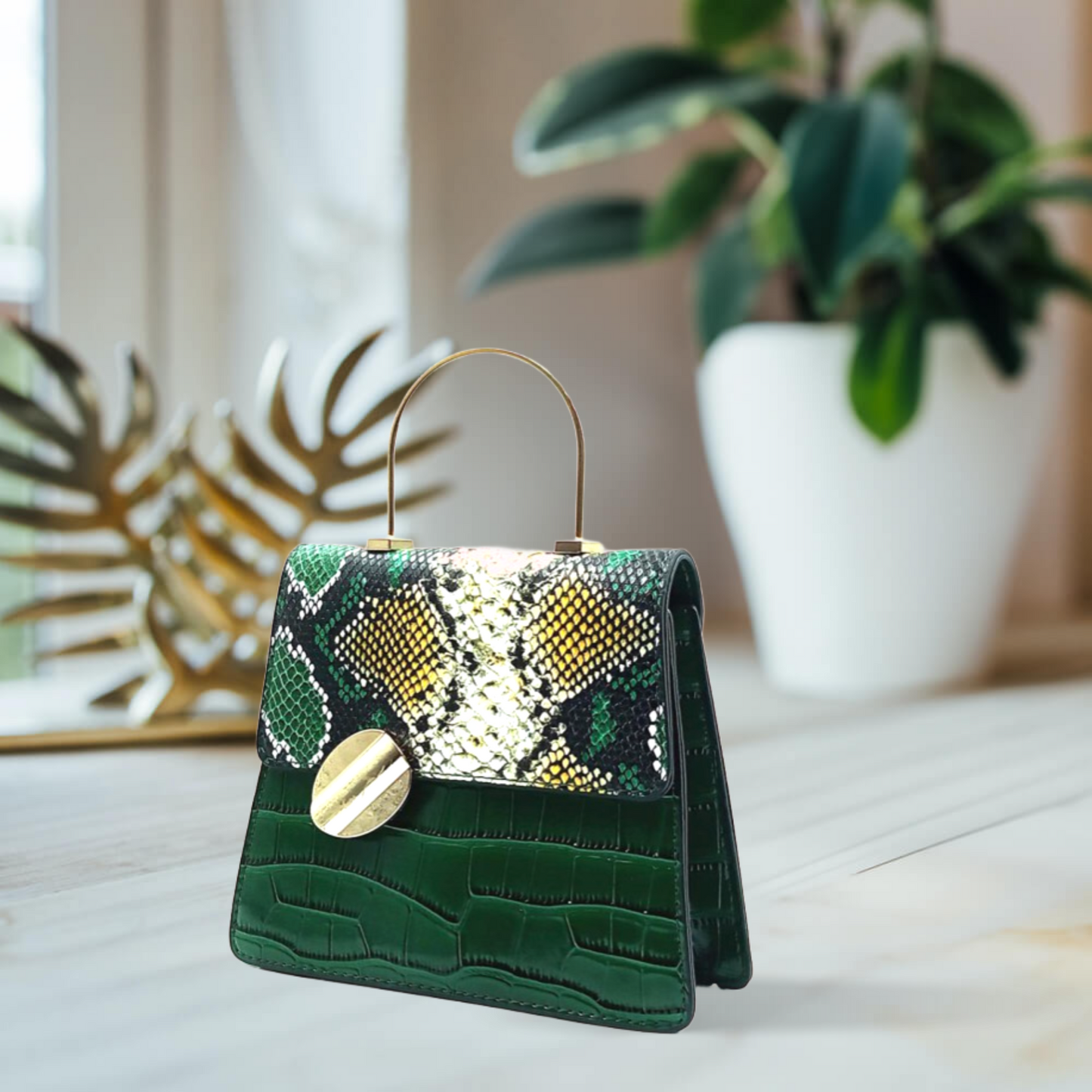 Luxurious Green Python and Croco debossed Handbag
