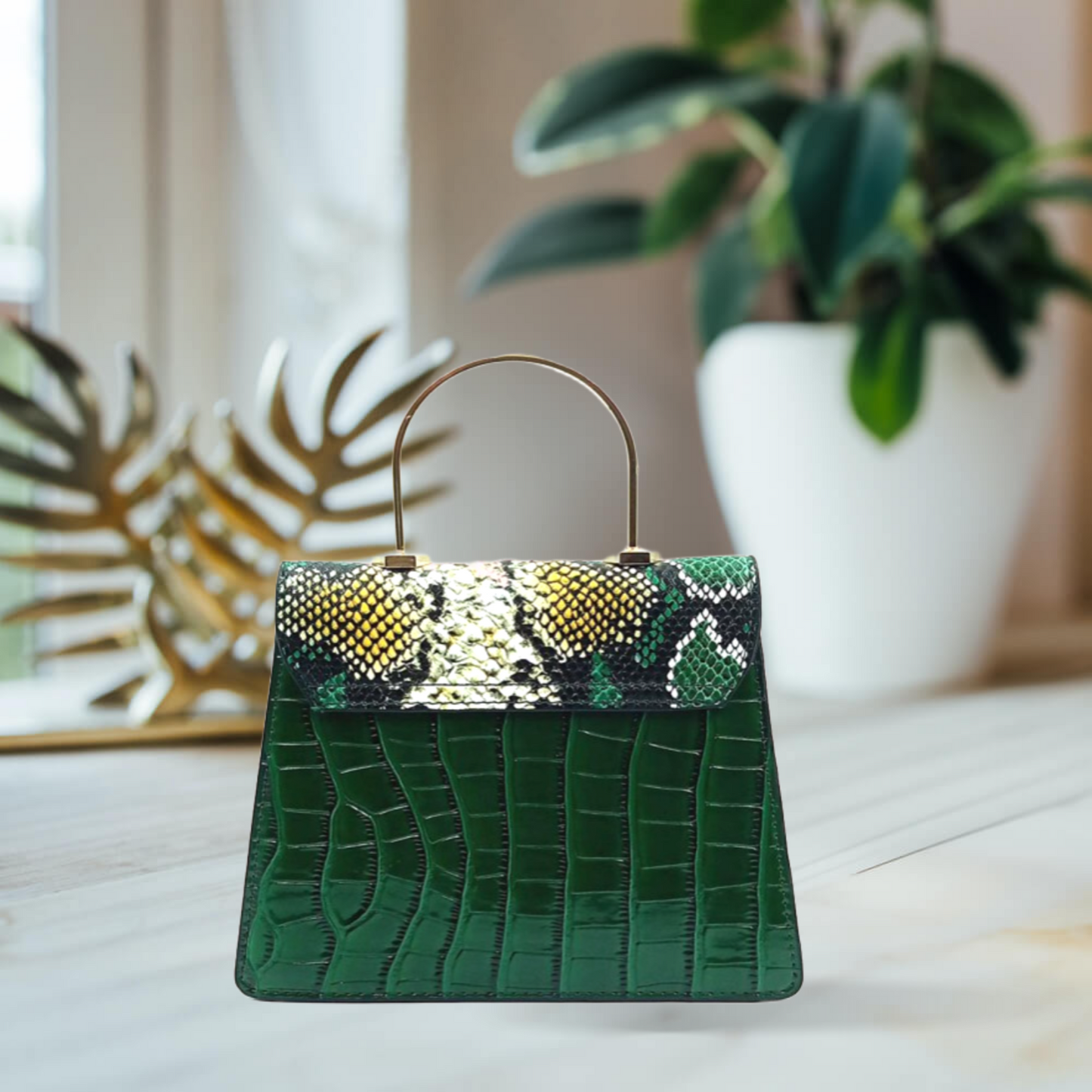 Luxurious Green Python and Croco debossed Handbag