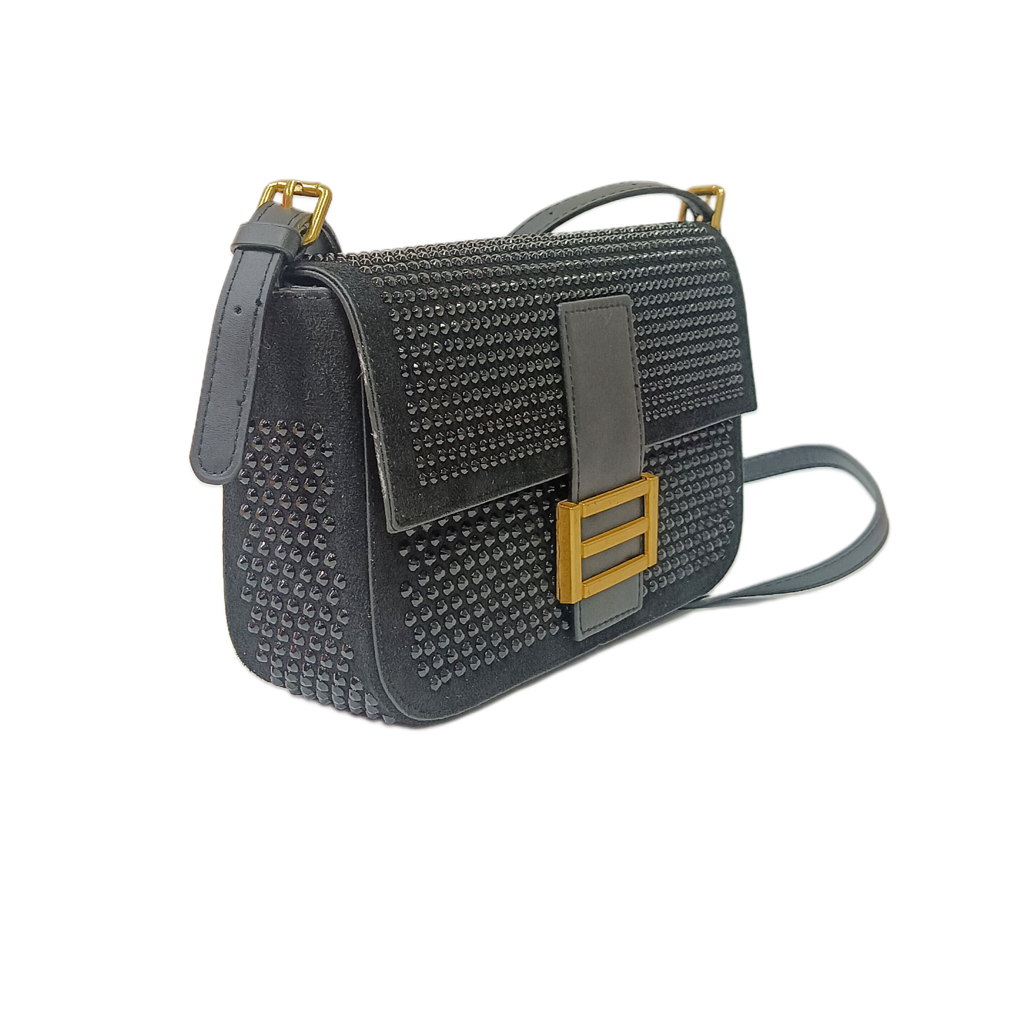 Chic Black Studded Crossbody Bag with Brass Accent