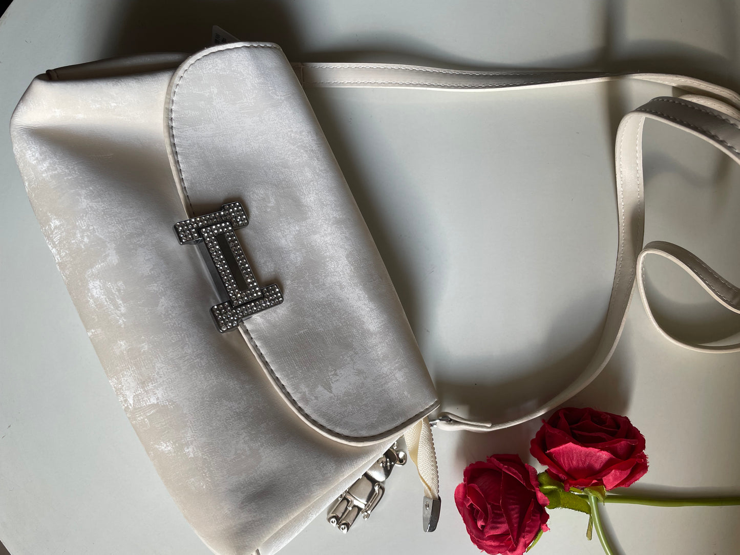 Offwhite Textured Sling Bag with crystal stone charm