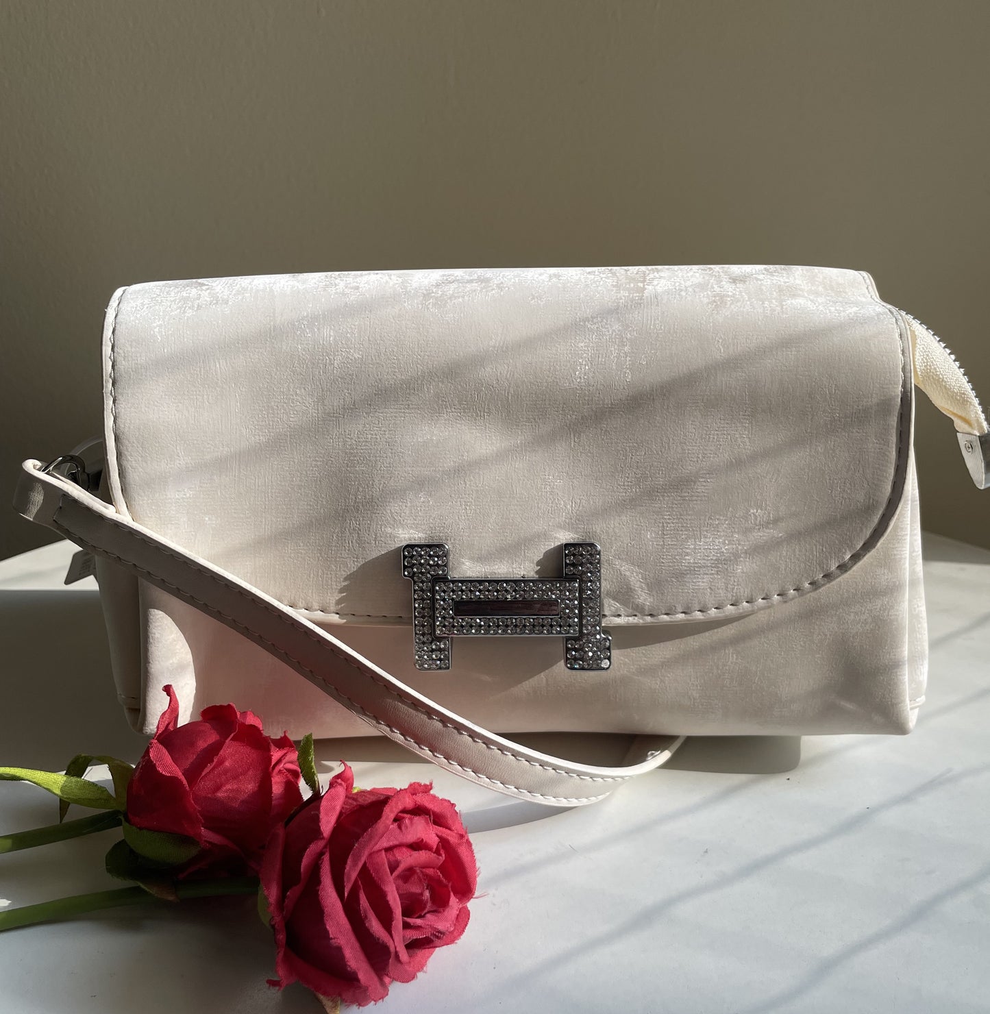 Offwhite Textured Sling Bag with crystal stone charm
