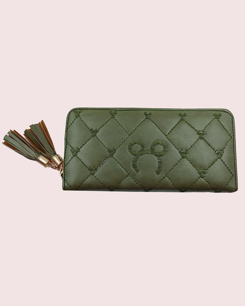 Quilted embroidery wallet with dual zipper pocket