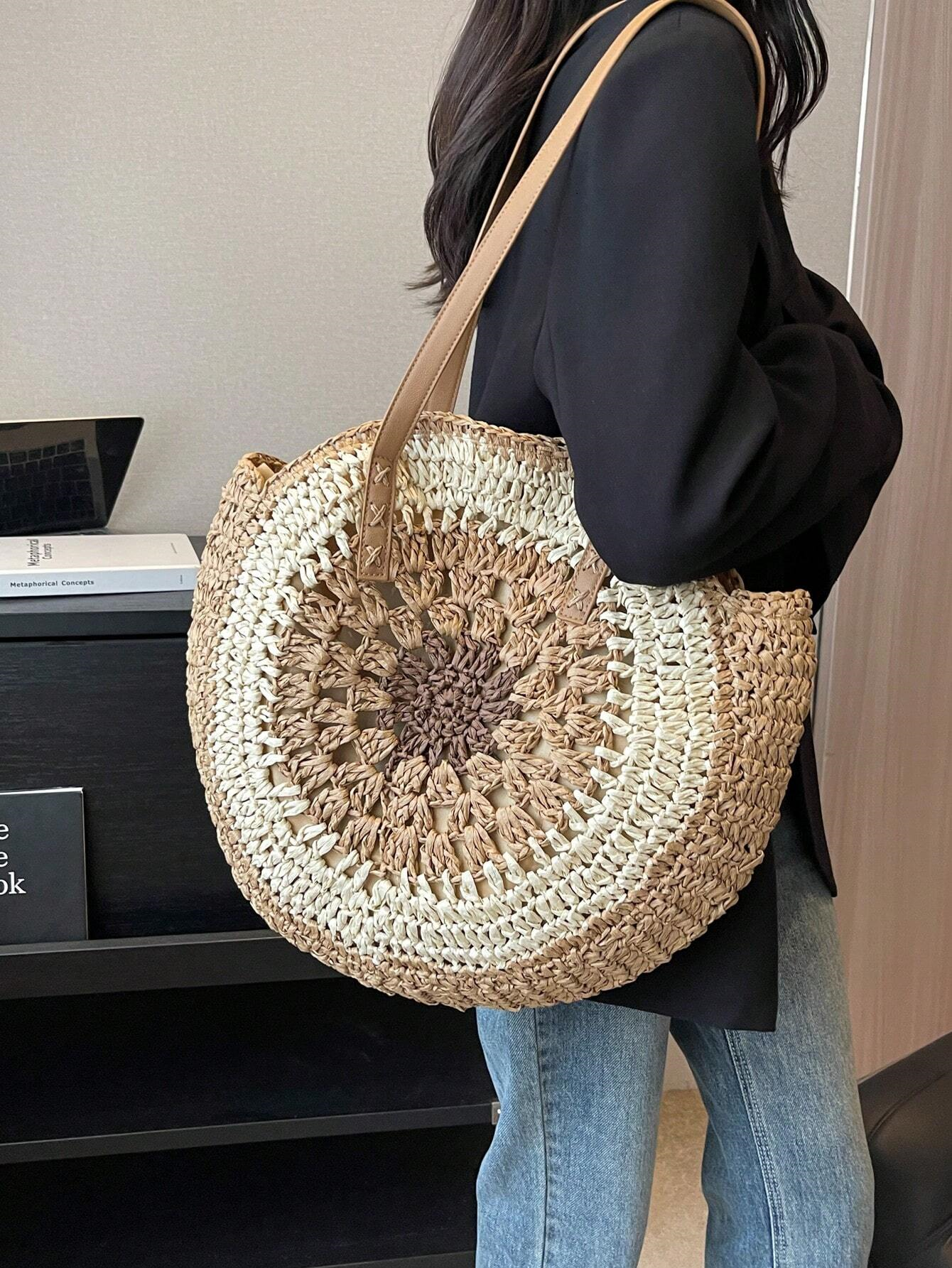 Handmade Crochet raffia round beach/ summer boho travel tote bag