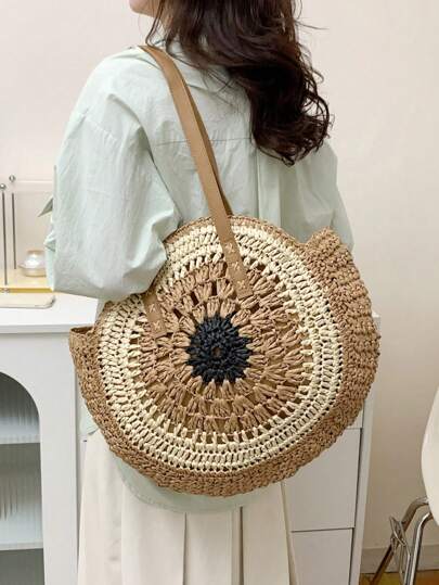 Handmade Crochet raffia round beach/ summer boho travel tote bag