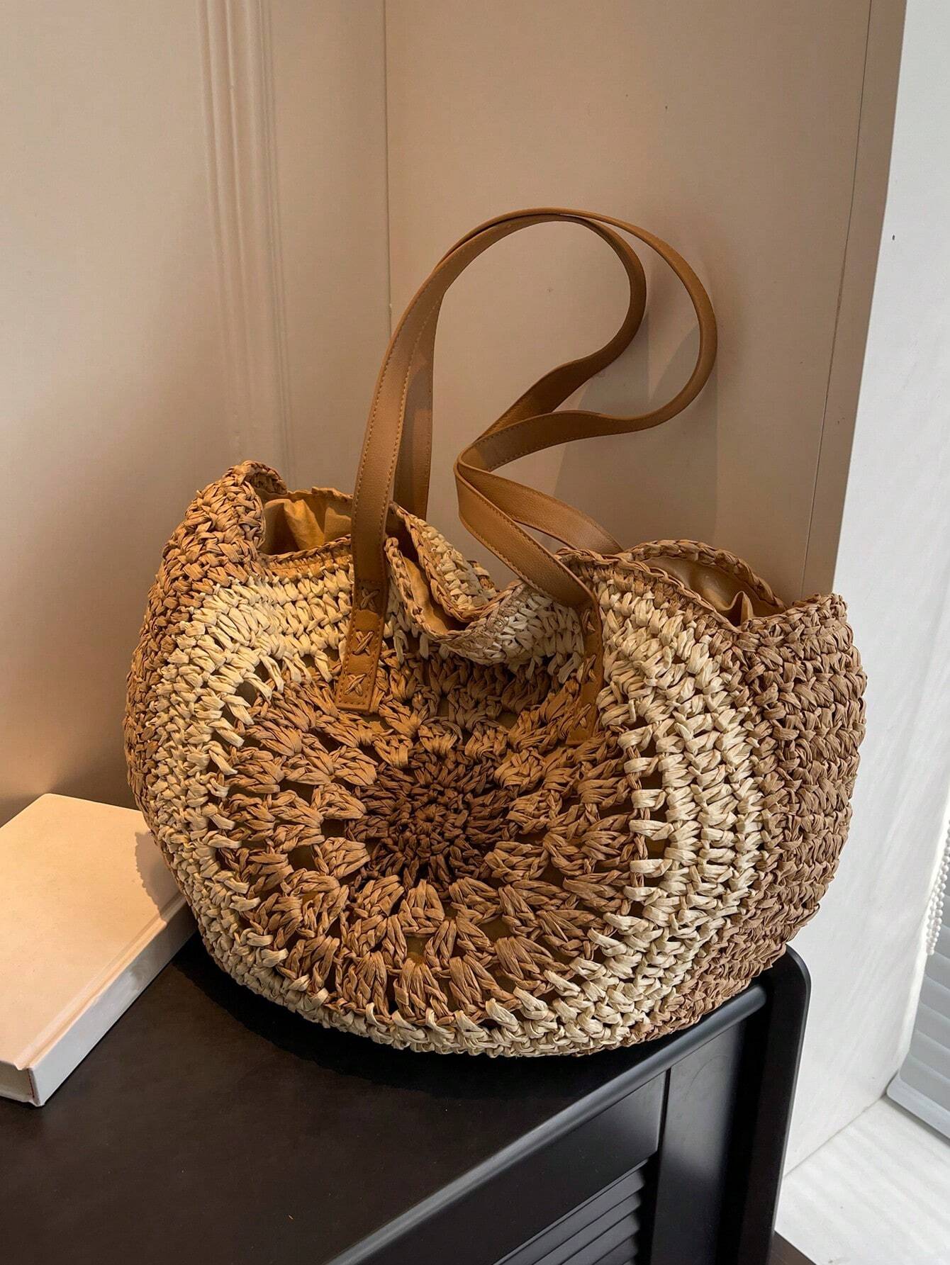 Handmade Crochet raffia round beach/ summer boho travel tote bag