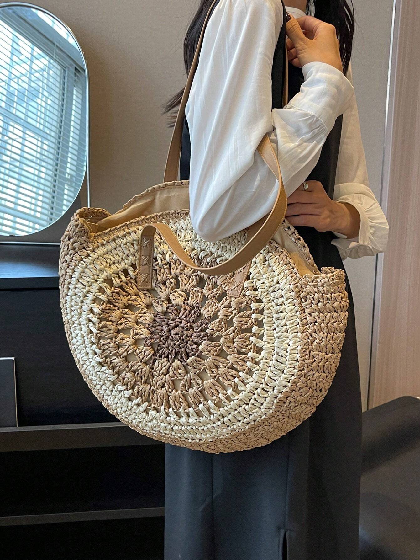 Handmade Crochet raffia round beach/ summer boho travel tote bag