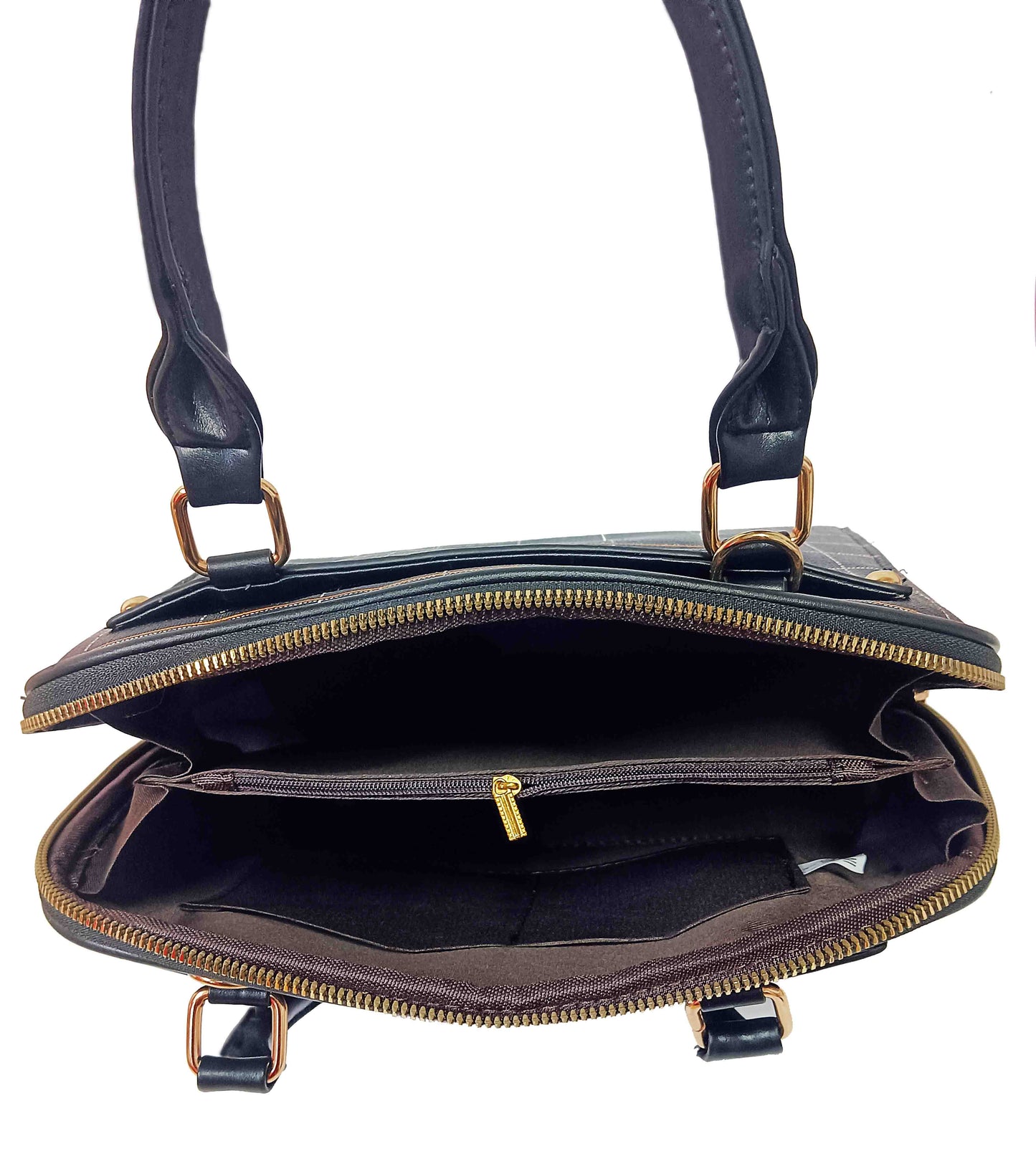 Chic Black Plaid Handbag with Dual Zipper & Strap