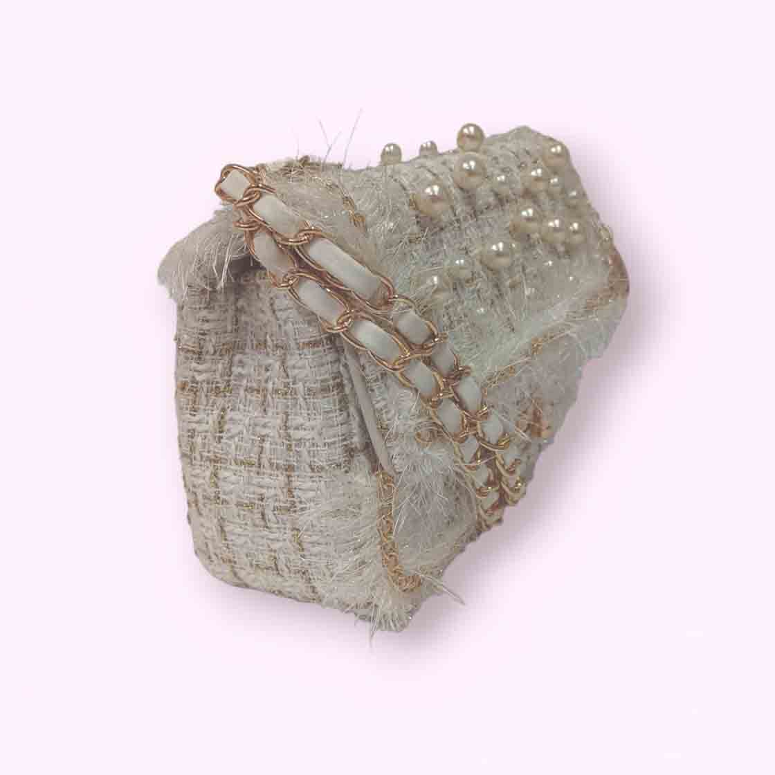 Knitted Fabric Sling with pearl beads & chain strap