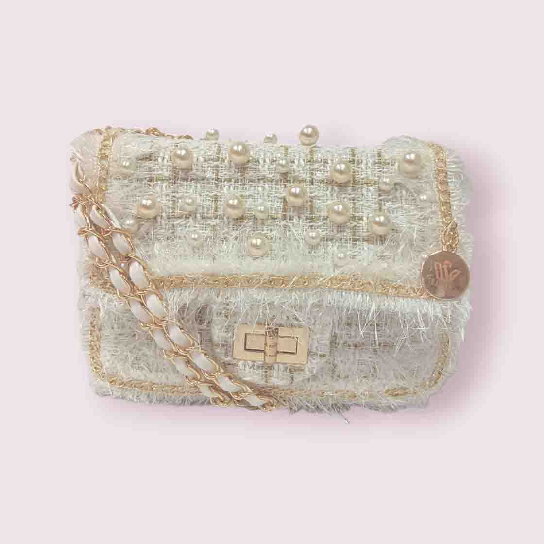 Knitted Fabric Sling with pearl beads & chain strap