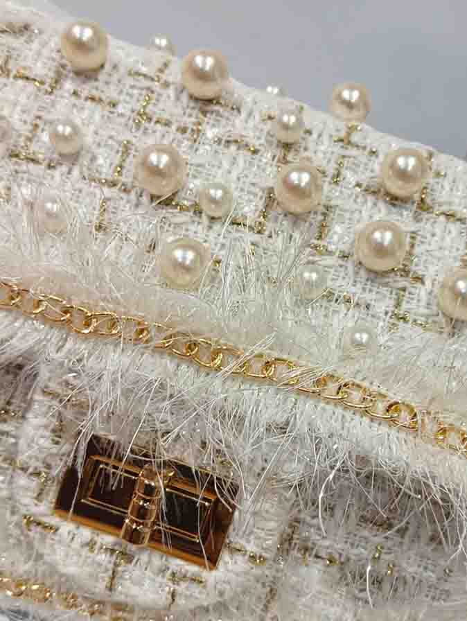 Knitted Fabric Sling with pearl beads & chain strap