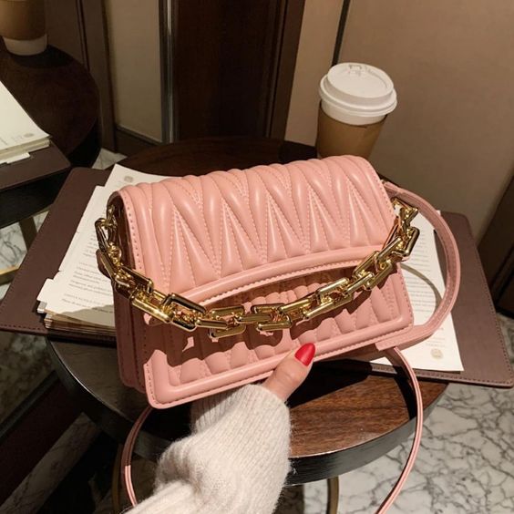 Chic Quilted Peach crossbody cum handbag with Gold Chain