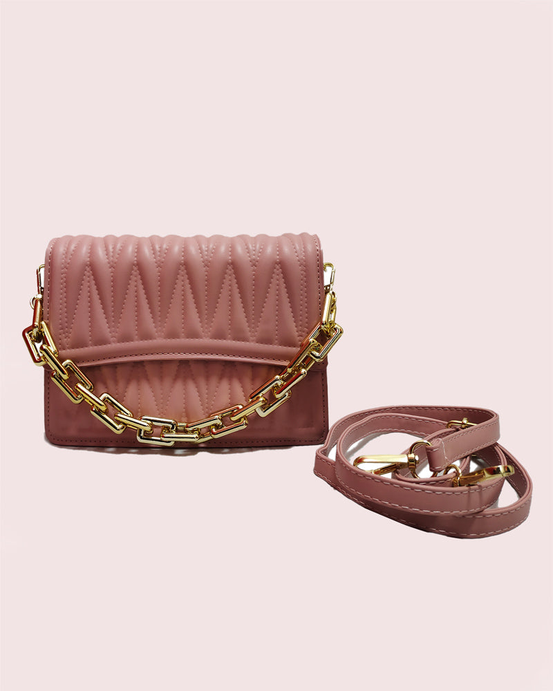 Chic Quilted Peach crossbody cum handbag with Gold Chain