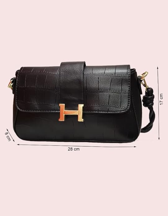 Classic Black Croco-Embossed Faux Leather Shoulder Bag cum Crossbody Bag