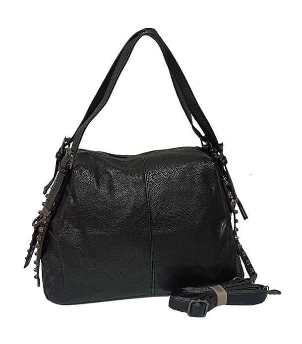 Stylish Black Pebbled Faux Leather Tote Bag with Studded Details