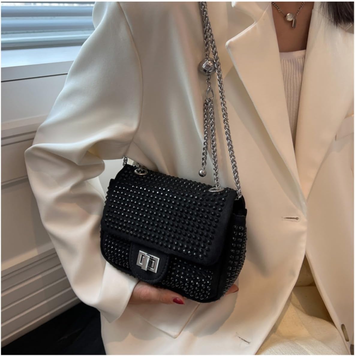 Handbag With Chain Elegant Black Studded Handbag with Chain Strap – Shailly's