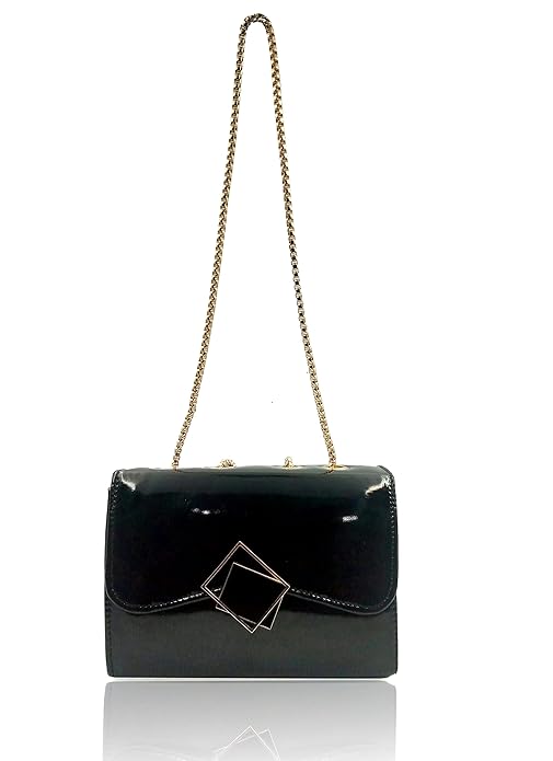 Sling Bag in Patent Black PU with Golden metal chain strap