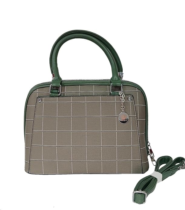 Chic Olive Green Plaid Handbag with Dual Zipper and Detachable Strap