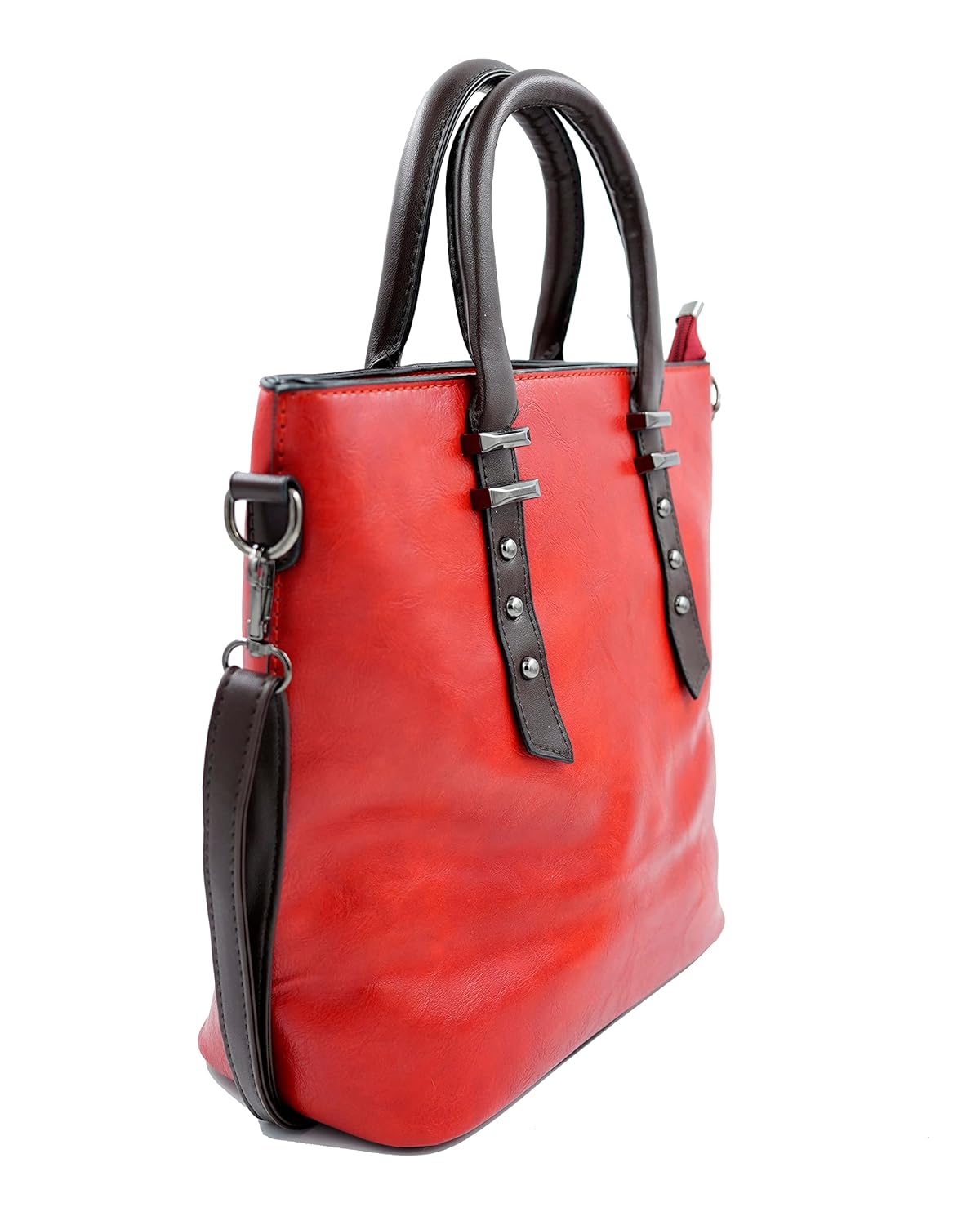 Bold Red Leather Handbag with Studded Straps