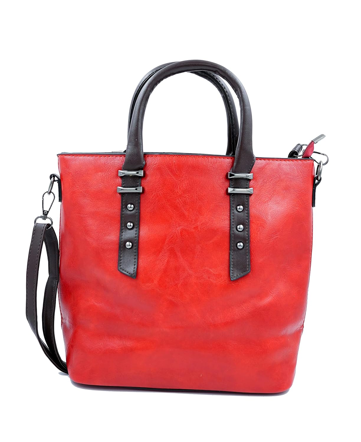 Bold Red Leather Handbag with Studded Straps